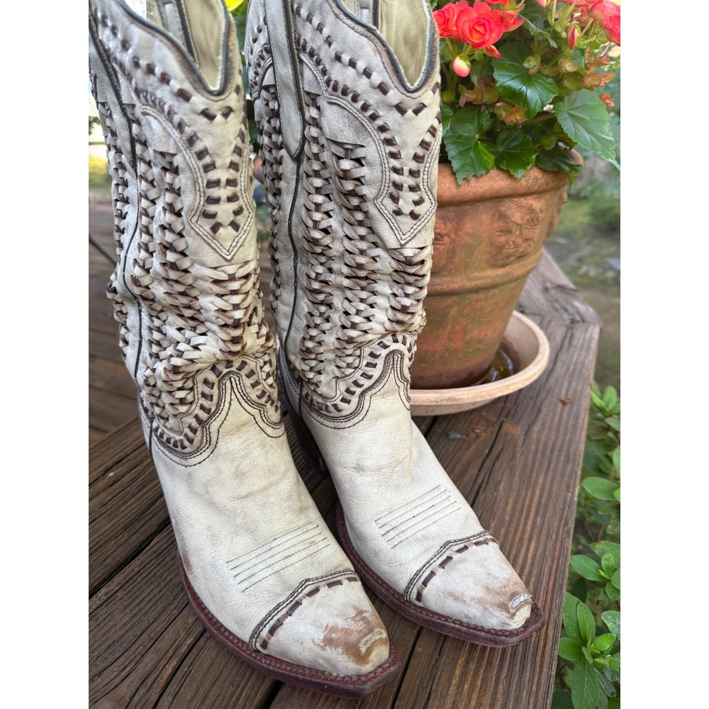 Corral A3040 Distressed White Woven Leather Snip Toe Western Cowboy Boots 8.5M